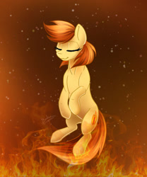 Size: 1280x1536 | Tagged: safe, artist:bakud, imported from derpibooru, oc, oc only, earth pony, pony, eyelashes, female, fire, mare, signature, smiling, solo