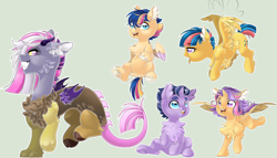 Size: 7056x4047 | Tagged: safe, artist:schokocream, imported from derpibooru, oc, oc only, oc:andromeda, oc:ceres, oc:pandora, oc:starburst, oc:starry gleam, alicorn, draconequus, hybrid, pegasus, pony, alicorn oc, chest fluff, draconequus oc, female, filly, fluffy, flying, grin, horn, interdimensional siblings, interspecies offspring, offspring, parent:discord, parent:flash sentry, parent:twilight sparkle, parents:discolight, parents:flashlight, pegasus oc, simple background, smiling, smirk, wings