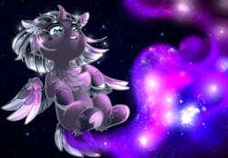 Size: 2834x1971 | Tagged: safe, artist:schokocream, imported from derpibooru, oc, oc only, oc:artemis, alicorn, pony, alicorn oc, chest fluff, colored wings, ear fluff, ethereal mane, female, flying, galaxy mane, horn, interspecies offspring, mare, offspring, parent:oc:daedalus ravenwing, parent:princess luna, parents:canon x oc, solo, two toned wings, underhoof, wings