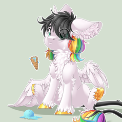 Size: 2834x2834 | Tagged: safe, artist:schokocream, imported from derpibooru, oc, oc only, oc:lightning bliss, alicorn, pony, chest fluff, dropped ice cream, eye clipping through hair, female, high res, hoof polish, ice cream cone, mare, multicolored hair, rainbow hair, simple background, sitting, solo