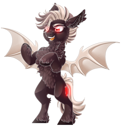 Size: 2830x2925 | Tagged: safe, artist:schokocream, imported from derpibooru, oc, oc only, bat pony, pony, bat pony oc, bat wings, chest fluff, ear fluff, high res, rearing, simple background, smiling, solo, spread wings, unshorn fetlocks, white background, wings