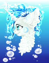 Size: 2834x3685 | Tagged: safe, artist:schokocream, imported from derpibooru, oc, oc only, pony, unicorn, bust, chest fluff, ear fluff, female, high res, mare, smiling, solo, underwater