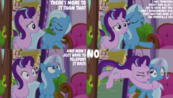 Size: 4400x2475 | Tagged: safe, edit, edited screencap, editor:quoterific, imported from derpibooru, screencap, starlight glimmer, trixie, pony, unicorn, all bottled up, season 7, eyes closed, female, hug, magic, mare, open mouth, shrunken pupils, telekinesis