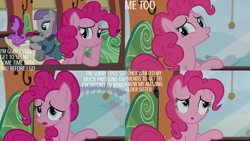 Size: 4400x2475 | Tagged: safe, edit, edited screencap, editor:quoterific, imported from derpibooru, screencap, maud pie, pinkie pie, earth pony, pony, maud pie (episode), season 4, female, friendship express, mare, open mouth, rock, smiling, train
