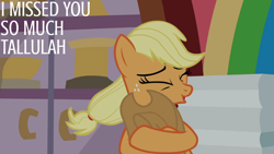 Size: 1920x1080 | Tagged: safe, edit, edited screencap, editor:quoterific, imported from derpibooru, screencap, applejack, earth pony, pony, triple pony dare ya, applejack's hat, cowboy hat, eyes closed, female, hat, hatless, hug, mare, missing accessory, open mouth, solo