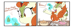 Size: 3722x1448 | Tagged: safe, artist:icey, imported from derpibooru, autumn blaze, kirin, pony, 2 panel comic, autumn blaze's puppet, comic, cooking, cute, cute little fangs, dialogue, fangs, female, flour, fortune cookie, glowing, glowing horn, horn, looking at something, magic, paintbrush, sad, sadorable, solo, telekinesis