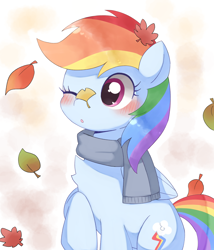 Size: 1642x1916 | Tagged: dead source, safe, artist:ginmaruxx, imported from derpibooru, rainbow dash, pegasus, pony, :o, autumn, autumn leaves, blushing, clothes, cute, dashabetes, female, folded wings, leaf, leaves, mare, one eye closed, open mouth, scarf, solo, wings