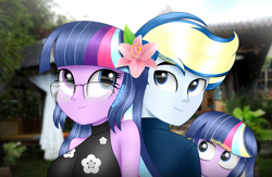 Size: 2300x1500 | Tagged: safe, artist:aryatheeditor, imported from derpibooru, sci-twi, twilight sparkle, oc, oc:nightfall sparkle, oc:velodash, equestria girls, bare shoulders, beautiful, bedroom eyes, bust, canon x oc, clothes, cute, digital art, dress, element of magic, family, family photo, female, flower, flower in hair, geode of telekinesis, glasses, headcanon, looking up, magical geodes, male, offspring, outfit, parent:oc:velodash, parent:sci-twi, parents:canon x oc, powerful sparkle, purple hair, shipping, sleeveless, sleeveless dress, sleeveless turtleneck, smiling, straight, twiabetes