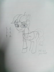 Size: 3456x4608 | Tagged: safe, artist:yue_deer, imported from derpibooru, oc, oc only, earth pony, pony, clothes, glasses, hoodie, looking at you, male, monochrome, sketch, solo, traditional art, wavy mouth