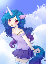 Size: 1000x1400 | Tagged: safe, artist:dddreamdraw, imported from derpibooru, izzy moonbow, human, unicorn, blushing, clothes, eared humanization, female, g5, horn, horned humanization, humanized, my little pony: a new generation, open mouth, skirt, socks, solo, stockings, tail, tailed humanization, thigh highs