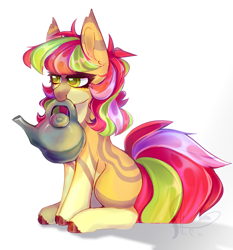 Size: 2445x2620 | Tagged: safe, artist:rainbowgirlyt, imported from derpibooru, oc, oc only, earth pony, pony, female, high res, mouth hold, simple background, sitting, solo, watering can, white background