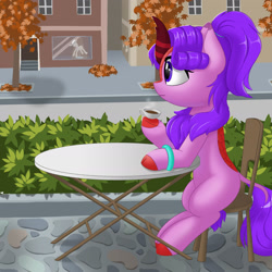 Size: 2126x2126 | Tagged: safe, artist:one4pony, imported from derpibooru, oc, oc only, oc:molly jasmine, kirin, pony, autumn, cafe, coffee, female, high res, mannequin, maple tree, solo, street