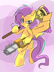 Size: 768x1024 | Tagged: safe, artist:pnpn_721, imported from derpibooru, fluttershy, pegasus, pony, .mov, shed.mov, badass, bipedal, chainsaw, crossing the memes, female, flutterbadass, fluttermop, fluttershed, looking at you, mare, meme, mop, solo, spread wings, wings