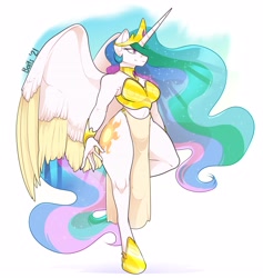 Size: 3664x3867 | Tagged: dead source, safe, artist:baitslament, imported from derpibooru, princess celestia, anthro, unguligrade anthro, bra, bracelet, clothes, ethereal mane, female, harem outfit, high res, horseshoes, jewelry, loincloth, midriff, necklace, simple background, solo, strapless, underwear, white background, wide hips