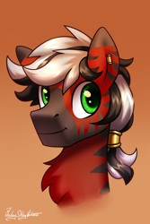 Size: 2000x3000 | Tagged: safe, artist:jedayskayvoker, imported from derpibooru, oc, oc only, hybrid, pony, zony, bust, cute, ear piercing, gay, gradient background, high res, icon, looking at you, male, oc name needed, patreon, patreon reward, piercing, portrait, solo, stallion, stripes, zony oc