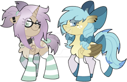 Size: 1600x1033 | Tagged: safe, artist:rohans-ponies, imported from derpibooru, oc, oc only, oc:lily locket, oc:willow noe, pegasus, pony, bow, deviantart watermark, duo, female, glasses, hair bow, mare, obtrusive watermark, simple background, transparent background, watermark