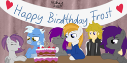 Size: 6000x3000 | Tagged: safe, artist:mihay, imported from derpibooru, oc, oc:ebony rain, oc:eis, oc:fritzy, oc:frost wing, oc:nightlight horizon, oc:zackery relapse, banner, birthday, cake, cute, family, female, food, happy, male, simple background