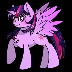 Size: 768x768 | Tagged: safe, artist:metaruscarlet, imported from derpibooru, twilight sparkle, alicorn, pony, black background, blushing, chest fluff, female, horn, mare, multicolored mane, multicolored tail, raised hoof, simple background, solo, spread wings, standing, starry eyes, tail, twilight sparkle (alicorn), wingding eyes, wings