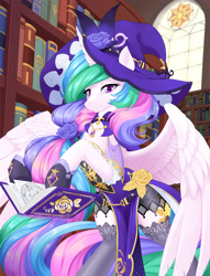 Size: 2937x3840 | Tagged: safe, artist:dstears, imported from derpibooru, princess celestia, alicorn, pony, alternate hairstyle, belt, book, clothes, cosplay, costume, crossover, female, flower, genshin impact, gloves, grin, hat, high res, jewelry, librarian, lisa (genshin impact), looking at you, magic, magic aura, necklace, rose, smiling, smiling at you, solo, stockings, telekinesis, thigh highs, witch hat