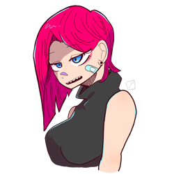 Size: 768x768 | Tagged: safe, artist:metaruscarlet, imported from derpibooru, pinkie pie, human, alternate hairstyle, bandaid, breasts, clothes, ear piercing, earring, eyeshadow, fangs, female, humanized, jewelry, makeup, open mouth, piercing, pinkamena diane pie, simple background, sleeveless, sleeveless sweater, solo, sweater, transparent background