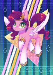 Size: 2480x3508 | Tagged: safe, artist:wavecipher, imported from derpibooru, pipp petals, pegasus, pony, abstract background, adorapipp, coat markings, cute, female, g5, high res, my little pony: a new generation, phone, socks (coat markings), solo, that pony sure does love phones, triangle, white pupils