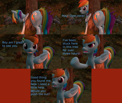 Size: 3840x3240 | Tagged: safe, artist:sexy rd, imported from derpibooru, rainbow dash, pegasus, pony, series:ask sexy rainbow dash, 3d, alternate universe, angry, ask, asking for help, butt, comic, dialogue, female, folded wings, forest, grammar error, happy, help, help me, high res, large butt, lidded eyes, looking back, mare, multicolored hair, multicolored mane, multicolored tail, plot, rainbow hair, rainbow tail, rainbutt dash, revamped ponies, solo, source filmmaker, stuck, stuck between trees, tail, tree, wings