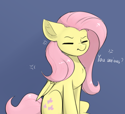 Size: 858x778 | Tagged: safe, artist:d.w.h.cn, imported from derpibooru, fluttershy, pegasus, pony, blue background, chest fluff, cross-popping veins, dialogue, ear fluff, eyes closed, female, fluttershy is not amused, folded wings, mare, meme, shiny mane, simple background, sitting, solo, text, three quarter view, unamused, wings