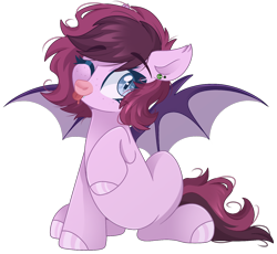 Size: 1452x1336 | Tagged: safe, artist:cinnamontee, imported from derpibooru, oc, oc only, oc:bree berry, bat pony, pony, ;p, bat pony oc, ear piercing, female, mare, one eye closed, piercing, simple background, solo, tongue out, transparent background