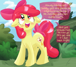 Size: 800x700 | Tagged: safe, artist:lucidlarceny, imported from derpibooru, apple bloom, earth pony, pony, adorabloom, alternate cutie mark, blushing, cute, eye clipping through hair, female, filly, floppy ears, open mouth, open smile, smiling, solo, speech bubble