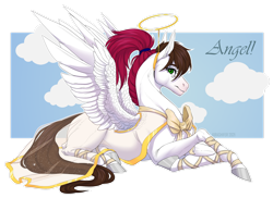 Size: 1920x1397 | Tagged: safe, artist:dementra369, imported from derpibooru, oc, oc only, oc:sunny way, pegasus, pony, bow, female, halo, mare, ponytail, solo