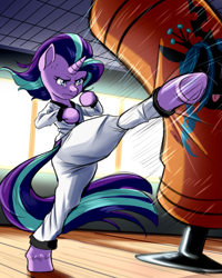 Size: 1137x1420 | Tagged: safe, artist:gloomydinosaur, imported from derpibooru, queen chrysalis, starlight glimmer, semi-anthro, unicorn, clothes, female, karate, karate gi, kicking, martial arts, punching bag, solo