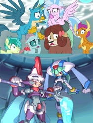 Size: 1024x1360 | Tagged: safe, edit, imported from derpibooru, screencap, gallus, ocellus, sandbar, silverstream, smolder, yona, changeling, dragon, earth pony, griffon, hippogriff, pony, yak, biometal, comparison, female, g4, male, mega man (series), megaman zx, megaman zx advent, model w, pandora, prometheus, reploid, student six