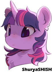 Size: 1308x1802 | Tagged: safe, artist:apple_nettle, imported from derpibooru, twilight sparkle, pony, bust, chest fluff, collaboration, collaboration:too many twilight, cute, ear fluff, eye clipping through hair, female, horn, portrait, simple background, solo, transparent background, twiabetes