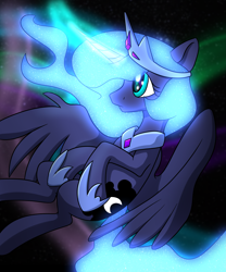 Size: 3747x4496 | Tagged: safe, artist:dodsie, artist:stasyan1902, derpibooru exclusive, imported from derpibooru, princess luna, alicorn, pony, diadem, female, flying, glowing, glowing horn, horn, jewelry, mare, night, regalia, sky, solo