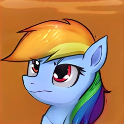 Size: 1024x1024 | Tagged: safe, imported from derpibooru, rainbow dash, pony, ai content, ai generated, eyebrows, eyebrows visible through hair, female, generator:thisponydoesnotexist, multicolored hair, not rainbow dash, orange background, rainbow hair, simple background, solo, unamused