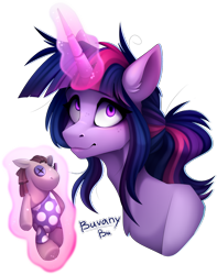 Size: 1137x1443 | Tagged: safe, artist:buvanybu, imported from derpibooru, smarty pants, twilight sparkle, pony, lesson zero, alternate hairstyle, bust, chest fluff, collaboration, collaboration:too many twilight, ear fluff, female, freckles, glowing, glowing horn, horn, magic, magic aura, messy mane, ponytail, signature, simple background, solo, telekinesis, transparent background, twilight snapple