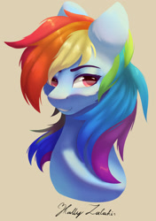 Size: 2032x2894 | Tagged: safe, artist:hally-zalakir123, imported from derpibooru, rainbow dash, pegasus, pony, bust, cheek fluff, collaboration, female, high res, mare, orange background, portrait, signature, simple background, smiling, solo