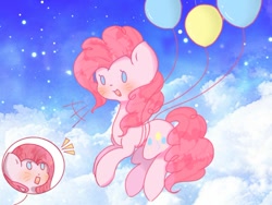 Size: 900x675 | Tagged: safe, artist:mieumieu123123, imported from derpibooru, pinkie pie, earth pony, pony, balloon, beady eyes, cloud, cute, cuteamena, diapinkes, duality, female, floating, flying, mare, open mouth, pinkamena diane pie, sky, then watch her balloons lift her up to the sky, whisker markings