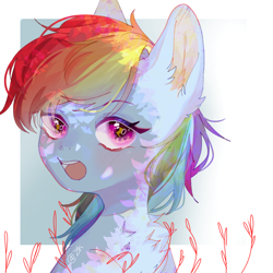 Size: 1280x1280 | Tagged: safe, artist:mieumieu123123, imported from derpibooru, rainbow dash, pegasus, pony, bust, chest fluff, cutie mark eyes, dappled sunlight, ear fluff, female, looking at you, open mouth, solo, wingding eyes