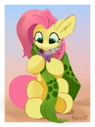 Size: 1520x2022 | Tagged: safe, artist:hornmlp, imported from derpibooru, fluttershy, pegasus, pony, clothes, cup, cute, drink, drinking, ear fluff, female, food, hoof hold, hot drink, looking at something, looking down, mare, mug, scarf, shyabetes, sitting, solo, steam, tea, teacup, underhoof