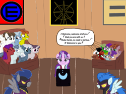 Size: 2048x1536 | Tagged: safe, artist:chanyhuman, imported from derpibooru, descent, night glider, nightshade, party favor, starlight glimmer, sugar belle, earth pony, pegasus, pony, unicorn, allegory, cult, dark, disturbing, egalitarianism, equal sign, equalized, jim jones, jonestown, op is a duck, reference, s5 starlight, shadowbolts, shitposting, smiling, story included, tyrant glimmer