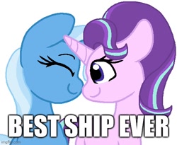 Size: 532x437 | Tagged: artist needed, safe, imported from derpibooru, starlight glimmer, trixie, pony, unicorn, caption, eyes closed, female, image macro, imgflip, lesbian, mare, op has an opinion, shipping, simple background, smiling, startrix, text, white background