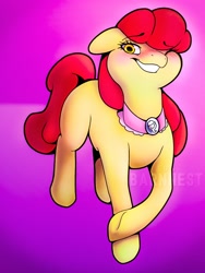 Size: 1536x2048 | Tagged: safe, alternate version, artist:barnnest, imported from derpibooru, apple bloom, earth pony, pony, the last problem, abstract background, blushing, clothes, female, floppy ears, goldie delicious' shawl, grin, mare, older, one eye closed, shawl, smiling, solo