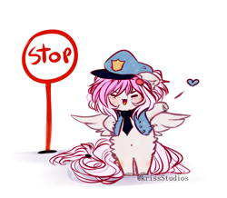 Size: 2200x1918 | Tagged: safe, artist:krissstudios, imported from derpibooru, oc, oc only, oc:mizhore, pegasus, pony, chibi, female, mare, police uniform, simple background, solo, stop sign, white background