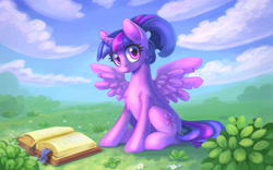 Size: 1598x1000 | Tagged: safe, artist:maytee, imported from derpibooru, twilight sparkle, alicorn, pony, alternate hairstyle, book, chest fluff, cloud, female, flower, looking at you, mare, ponytail, scenery, sitting, smiling, solo, spread wings, twilight sparkle (alicorn), wings