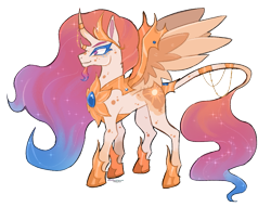 Size: 1021x782 | Tagged: safe, artist:dogstoof, imported from derpibooru, princess celestia, alicorn, bicorn, pony, alternate design, armor, curved horn, facial hair, female, goatee, horn, horn jewelry, jewelry, leonine tail, mare, multiple horns, redesign, simple background, smiling, solo, spread wings, tail, tail jewelry, transparent background, wing armor, wings