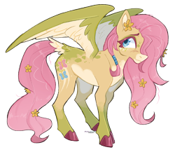 Size: 896x779 | Tagged: safe, artist:dogstoof, imported from derpibooru, fluttershy, pegasus, pony, alternate design, coat markings, colored hooves, colored wings, facial markings, female, flower, flower in hair, flower in tail, hair over one eye, hair wrap, looking at you, mare, pale belly, redesign, simple background, smiling, snip (coat marking), solo, spread wings, standing, tail, tail feathers, three quarter view, transparent background, two toned wings, wings