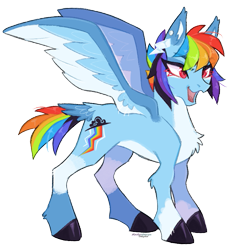 Size: 769x782 | Tagged: safe, artist:dogstoof, imported from derpibooru, rainbow dash, pegasus, pony, alternate design, chest fluff, coat markings, female, mare, open mouth, open smile, pale belly, redesign, simple background, smiling, solo, tail, tail feathers, transparent background