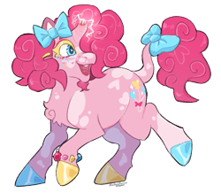 Size: 833x725 | Tagged: safe, artist:dogstoof, imported from derpibooru, pinkie pie, pony, unicorn, alternate design, bow, broken horn, chest fluff, coat markings, colored eyelashes, colored hooves, facial hair, female, goatee, hair bow, horn, leonine tail, mare, multicolored hooves, open mouth, open smile, positive body image, race swap, redesign, simple background, smiling, solo, tail, tail bow, transparent background, unicorn pinkie pie