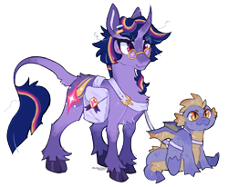 Size: 950x782 | Tagged: safe, artist:dogstoof, imported from derpibooru, spike, twilight sparkle, classical unicorn, dragon, pony, unicorn, alternate cutie mark, alternate design, bag, cloven hooves, curved horn, duo, female, glasses, horn, leash, leonine tail, male, mare, redesign, saddle bag, simple background, sitting, smiling, transparent background, unicorn twilight, unshorn fetlocks, winged spike, wings